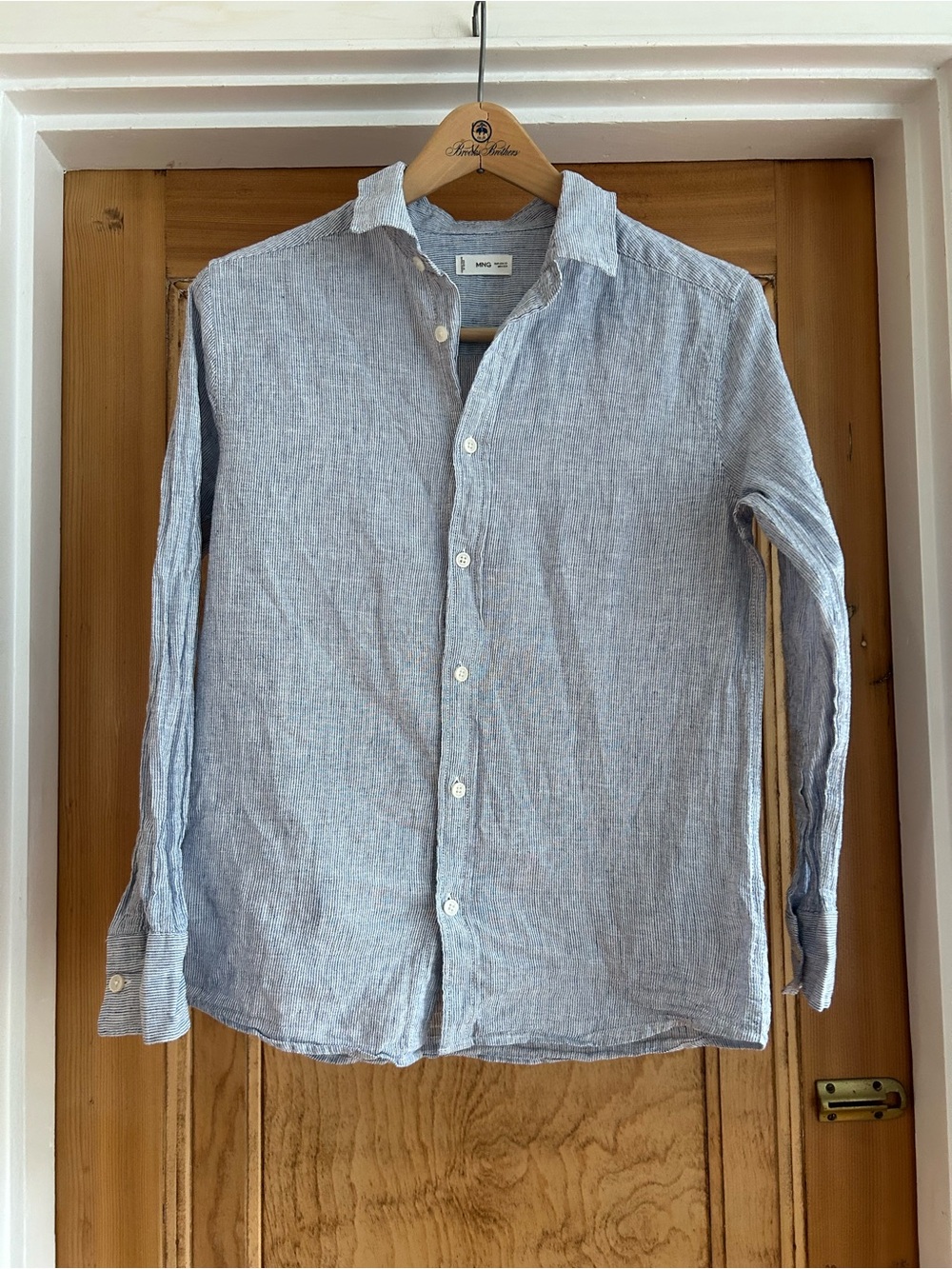 Mango Blue and White Striped Linen Blend Button-Down Shirt